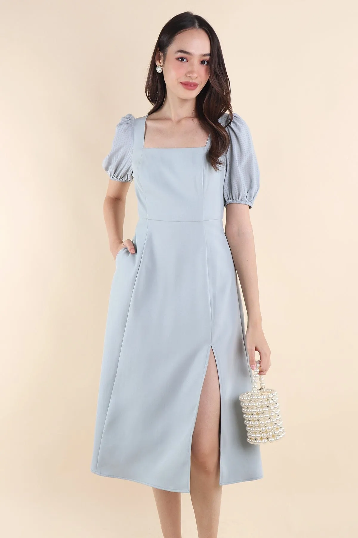 JANELYN SLEEVE MIDI DRESS IN SAGE BLUE