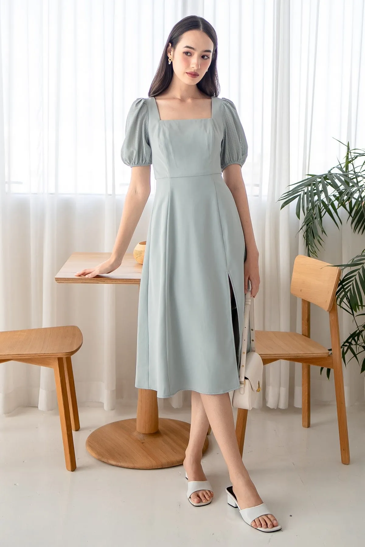JANELYN SLEEVE MIDI DRESS IN SAGE BLUE