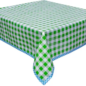 Large Gingham Lime Oilcloth Tablecloth with Light Blue Gingham Trim