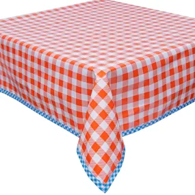 Large Gingham Orange Oilcloth Tablecloth with Light Blue Gingham Trim