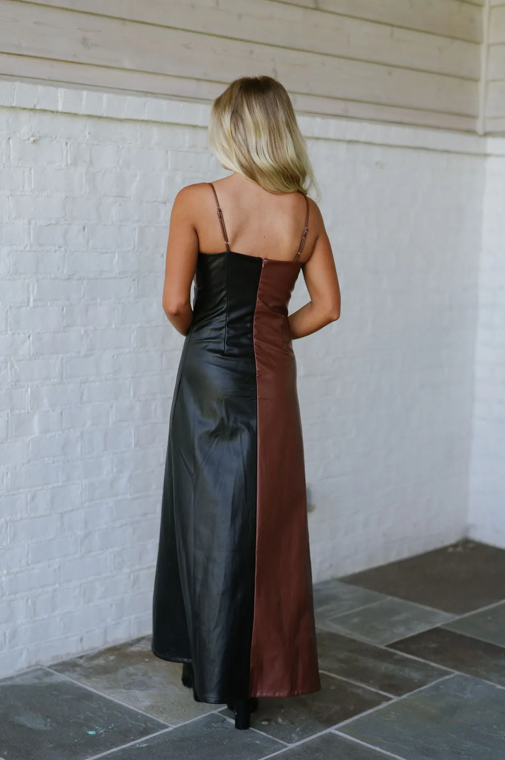 Leather Color Block Midi Dress-Brown