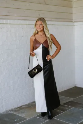 Leather Color Block Midi Dress-Brown