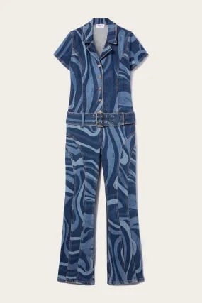 Marmo-Print Denim Jumpsuit