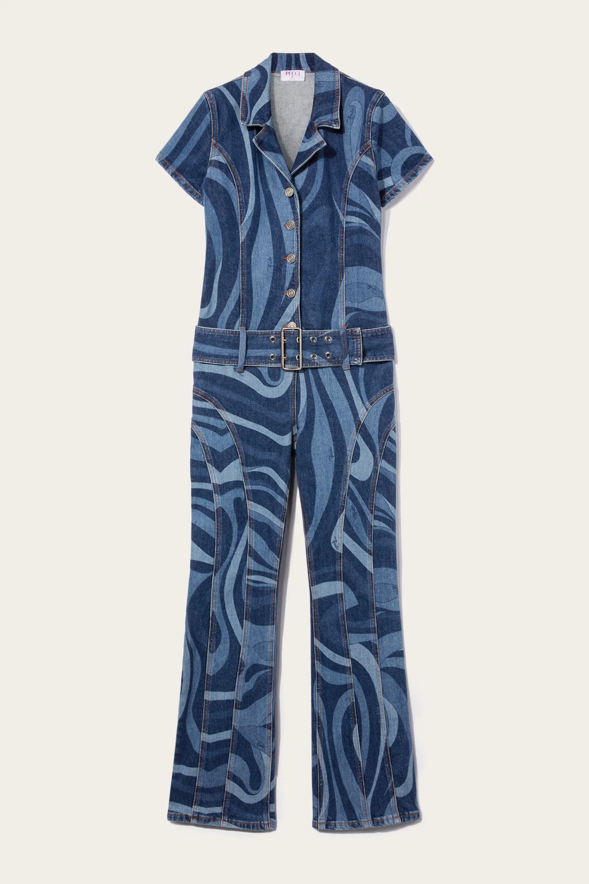 Marmo-Print Denim Jumpsuit