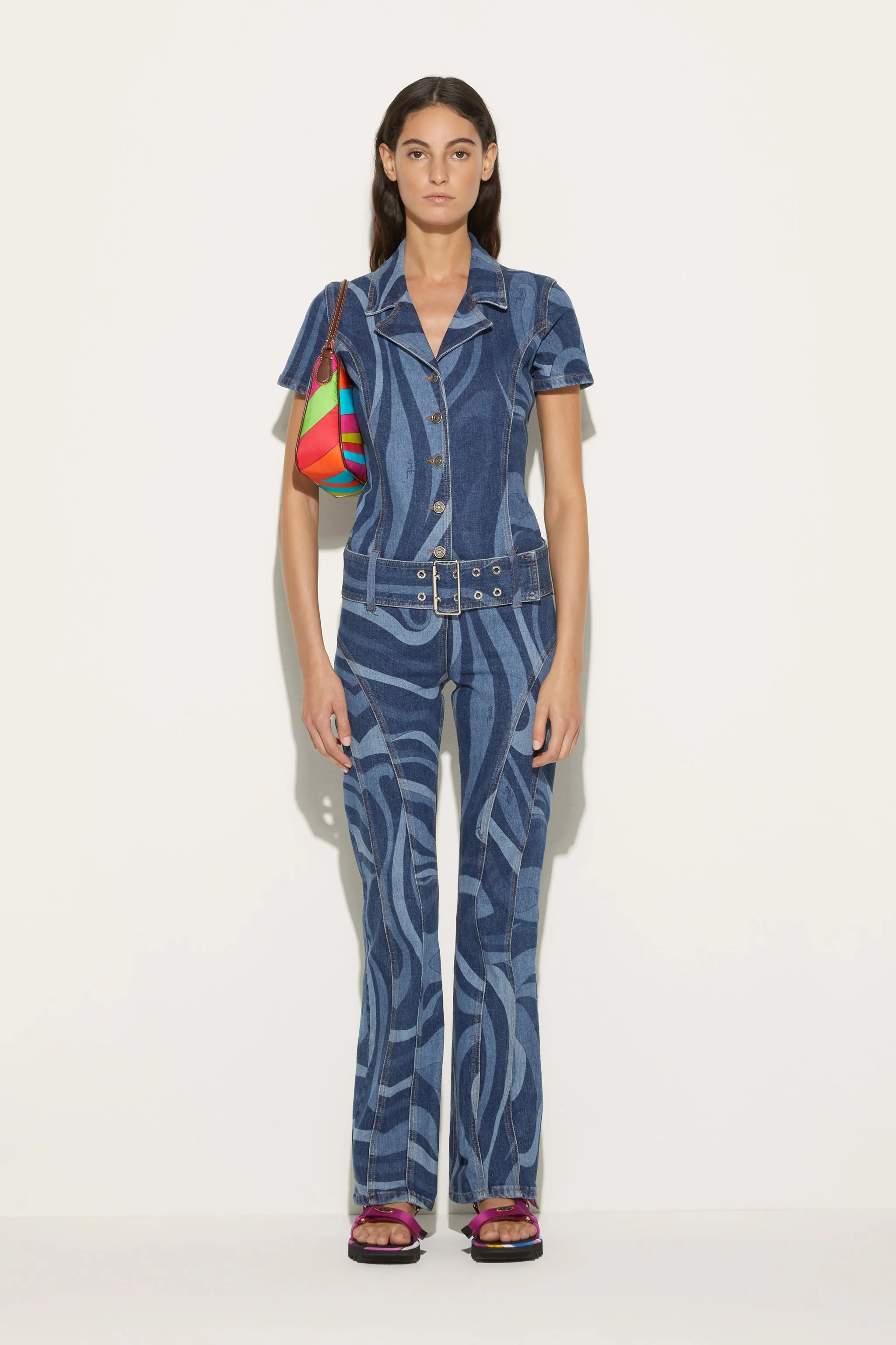 Marmo-Print Denim Jumpsuit