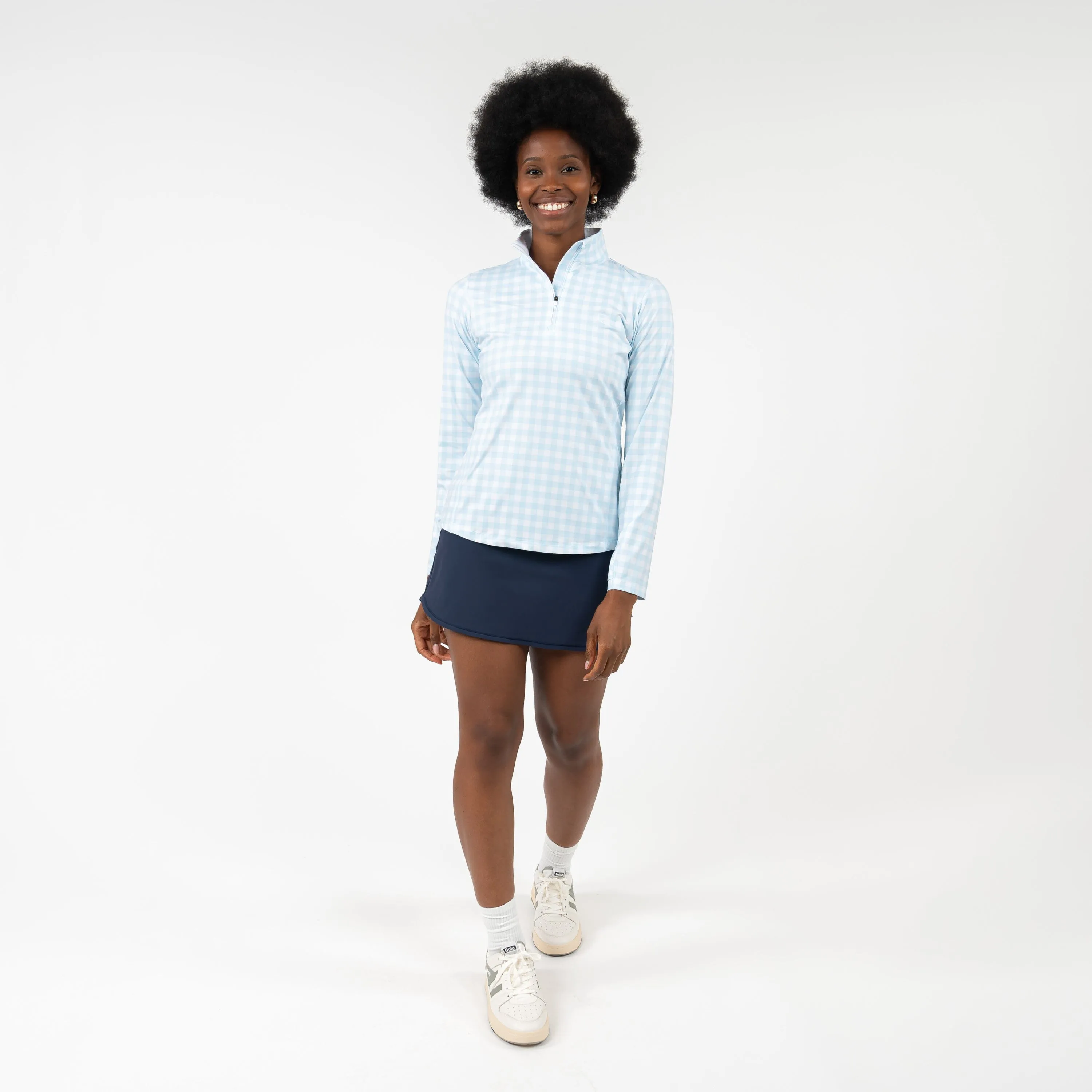 Martina Gingham Performance Q-Zip | The Martina Gingham - Pale Blue/White