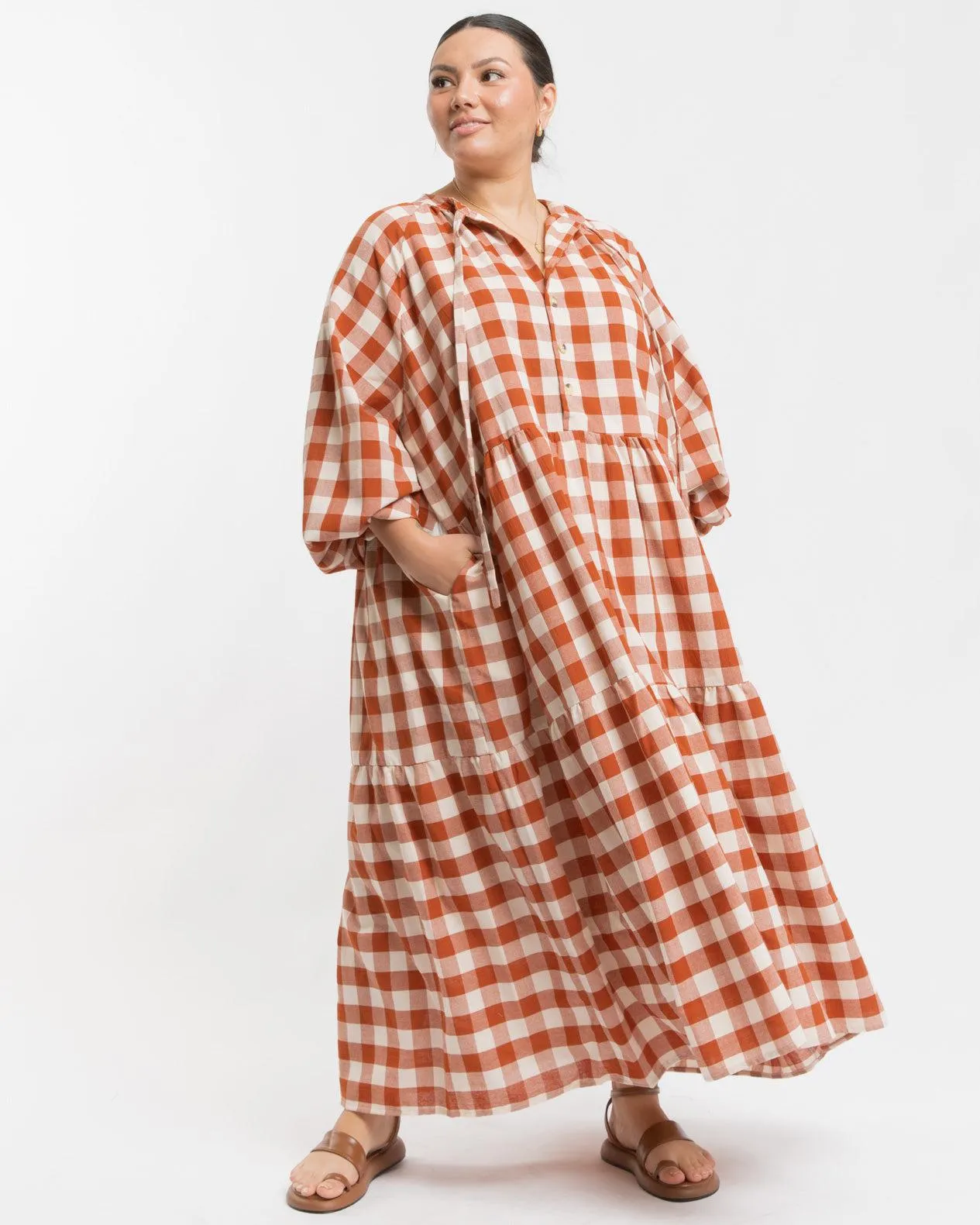 Maxi Avalon Smock Dress | Rust Gingham