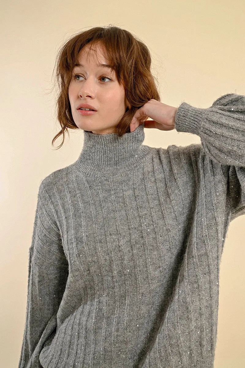 Molly Bracken Grey Knitted Sequin Polo Neck Jumper