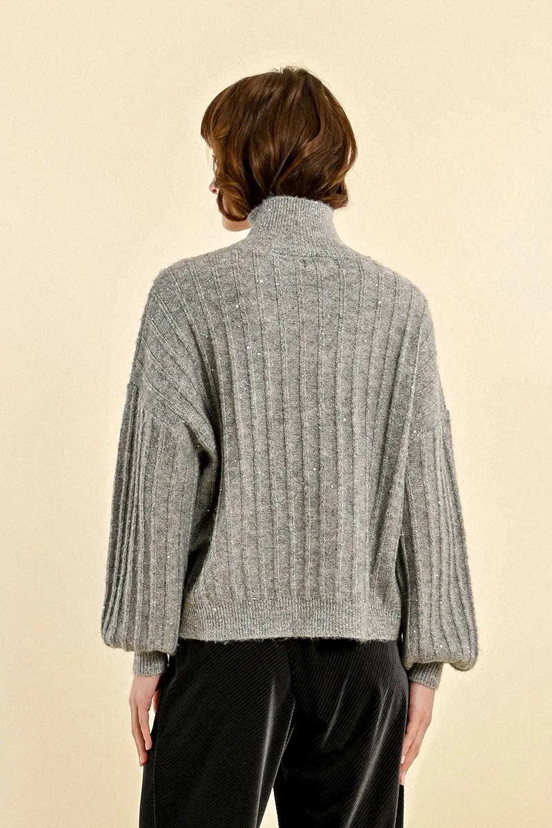 Molly Bracken Grey Knitted Sequin Polo Neck Jumper
