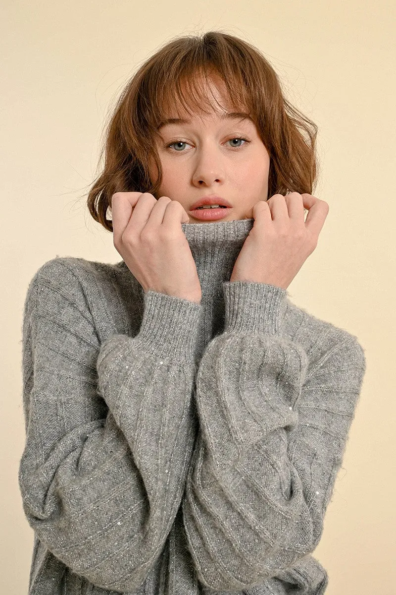 Molly Bracken Grey Knitted Sequin Polo Neck Jumper
