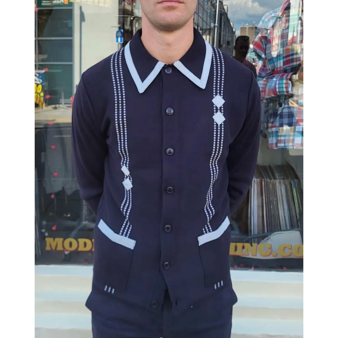 Mr Bridger - Archive Diamond Dark Navy & Dove Grey Long Sleeve - Polo Knit