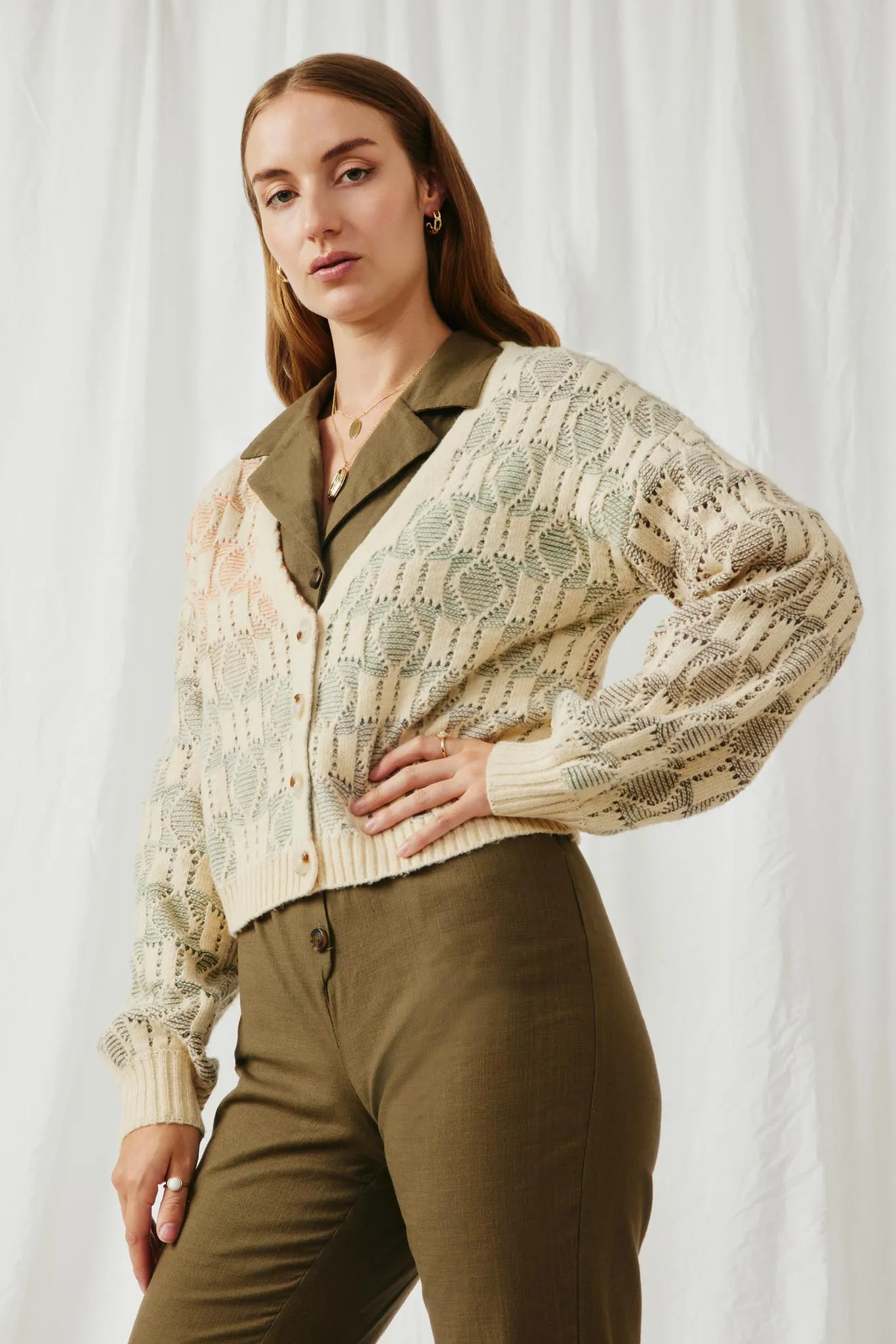 Ombre Checkered Cropped Button Cardigan