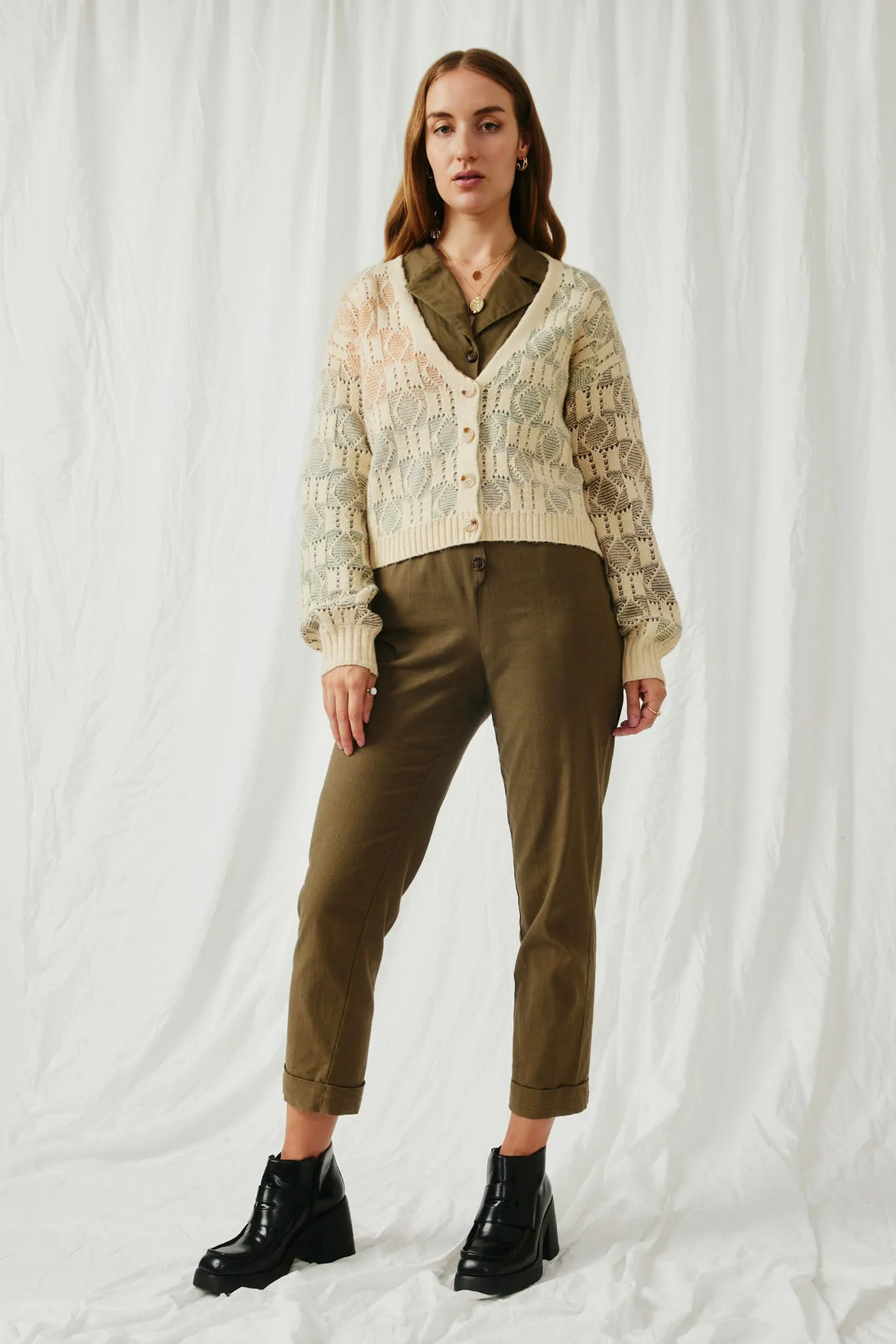 Ombre Checkered Cropped Button Cardigan