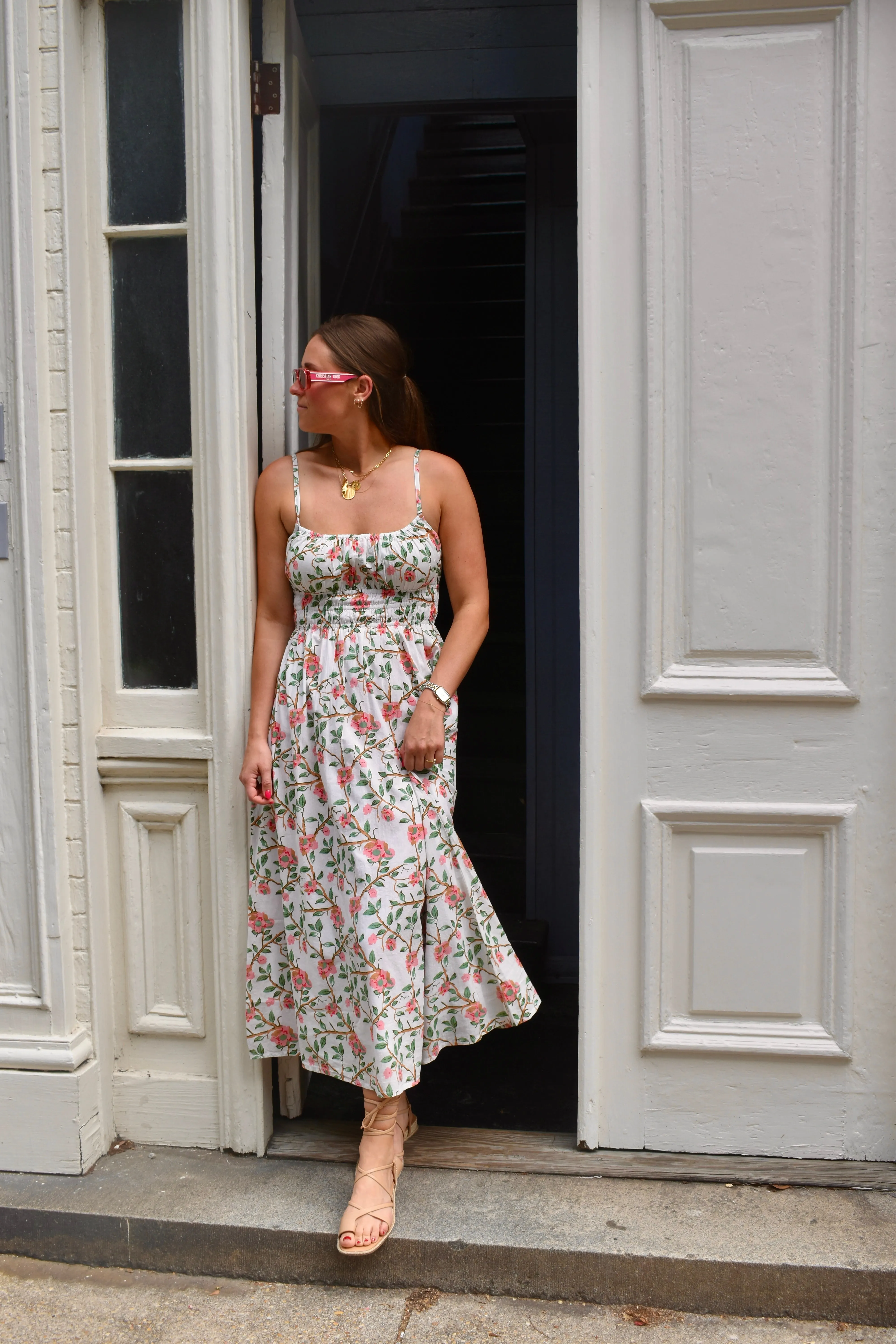Sally Midi Dress Pink Green Branch