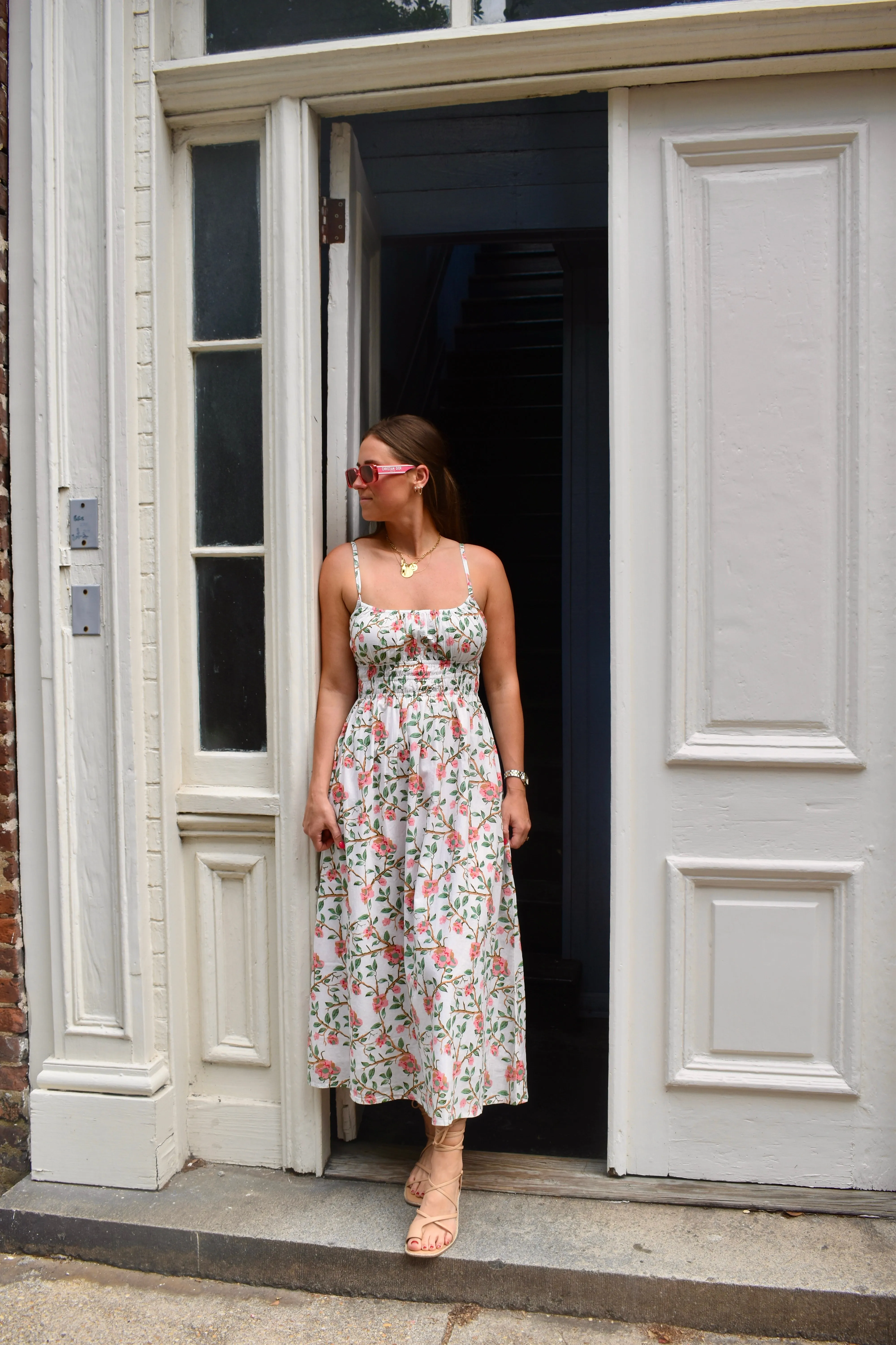 Sally Midi Dress Pink Green Branch