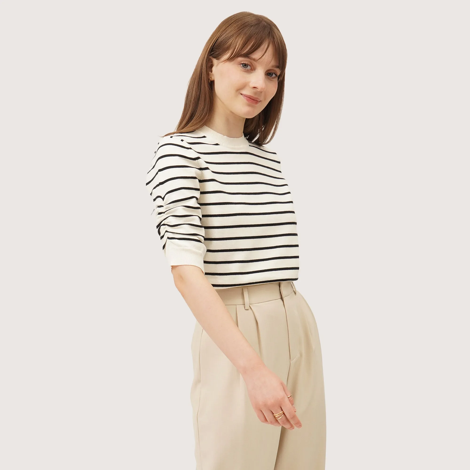 Striped T-Shirt With Ruching Detail On Sleeves