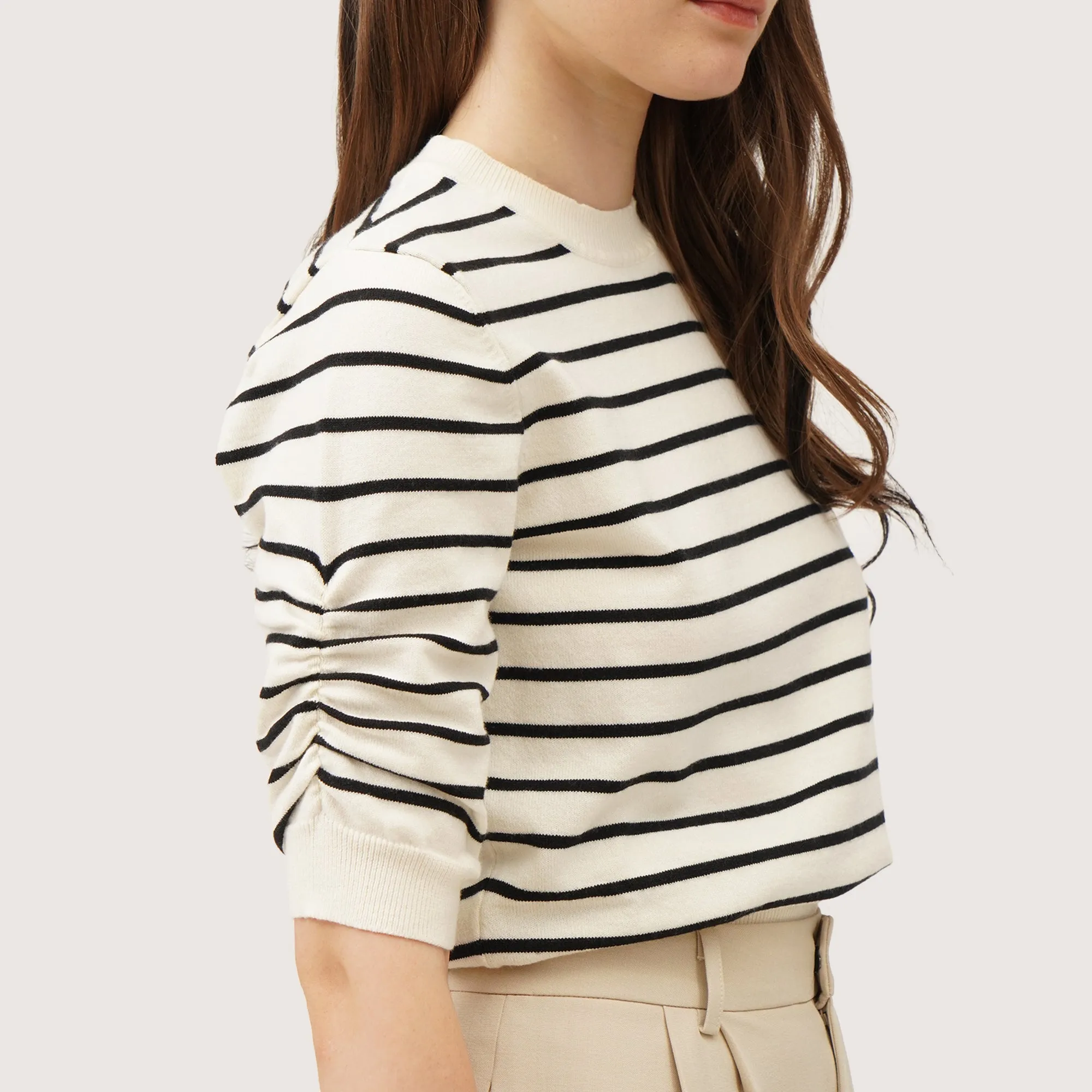 Striped T-Shirt With Ruching Detail On Sleeves