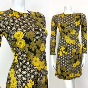 VINTAGE 60s 70s BLACK BROWN YELLOW GEOMETRIC FLORAL PSYCHEDELIC MOD DRESS 10 12