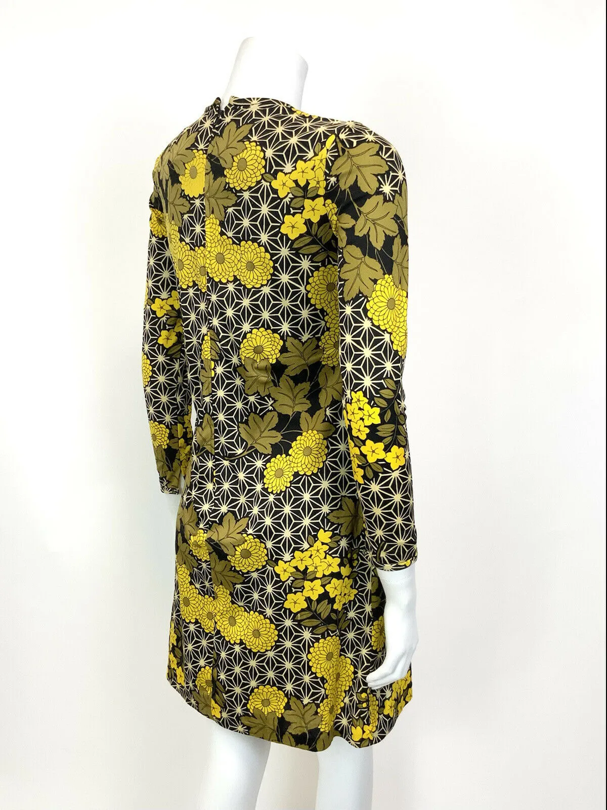 VINTAGE 60s 70s BLACK BROWN YELLOW GEOMETRIC FLORAL PSYCHEDELIC MOD DRESS 10 12