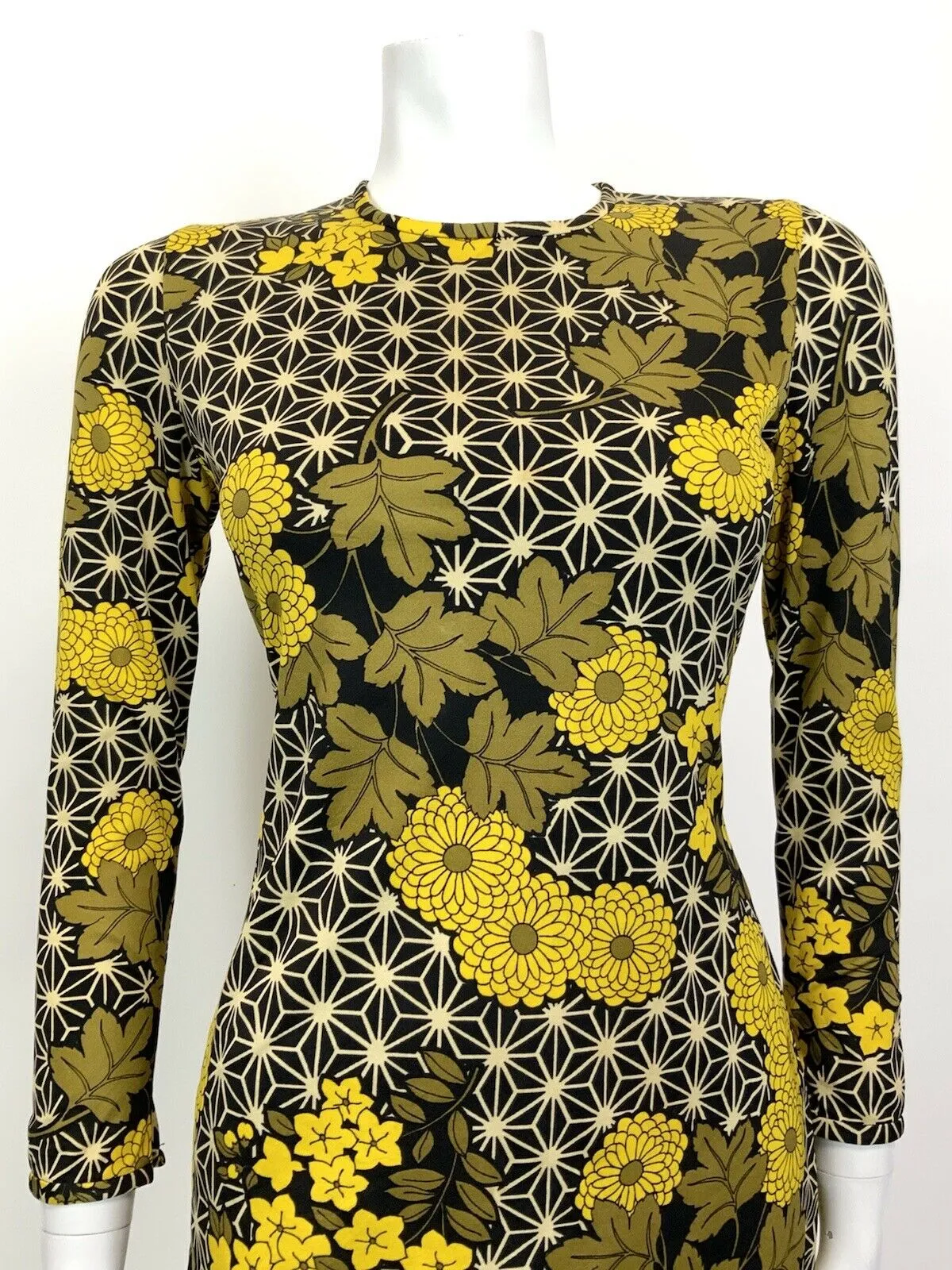 VINTAGE 60s 70s BLACK BROWN YELLOW GEOMETRIC FLORAL PSYCHEDELIC MOD DRESS 10 12