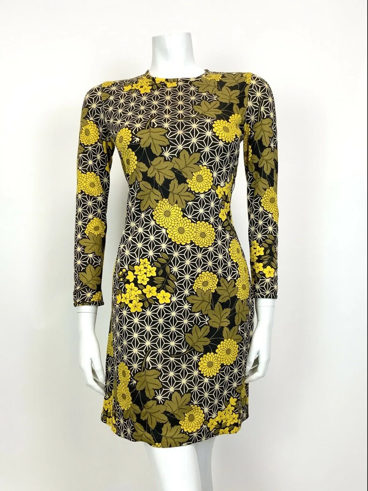 VINTAGE 60s 70s BLACK BROWN YELLOW GEOMETRIC FLORAL PSYCHEDELIC MOD DRESS 10 12