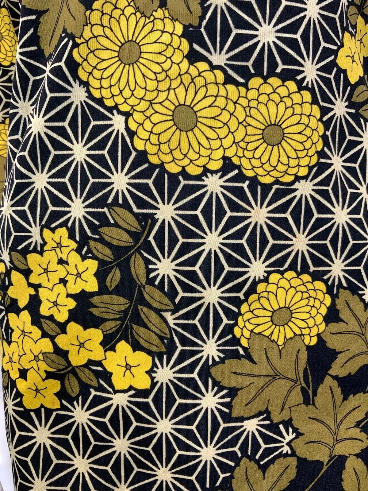 VINTAGE 60s 70s BLACK BROWN YELLOW GEOMETRIC FLORAL PSYCHEDELIC MOD DRESS 10 12