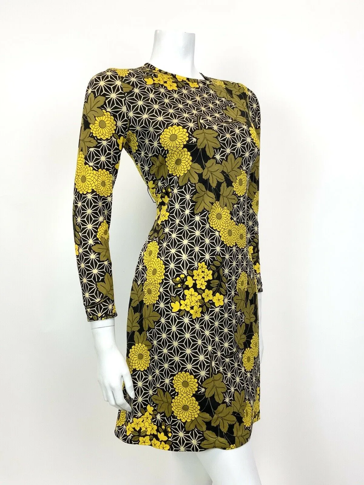 VINTAGE 60s 70s BLACK BROWN YELLOW GEOMETRIC FLORAL PSYCHEDELIC MOD DRESS 10 12