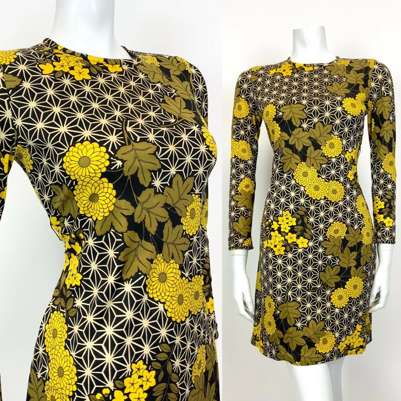VINTAGE 60s 70s BLACK BROWN YELLOW GEOMETRIC FLORAL PSYCHEDELIC MOD DRESS 10 12