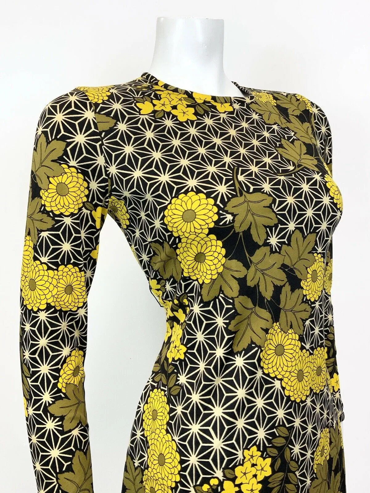 VINTAGE 60s 70s BLACK BROWN YELLOW GEOMETRIC FLORAL PSYCHEDELIC MOD DRESS 10 12