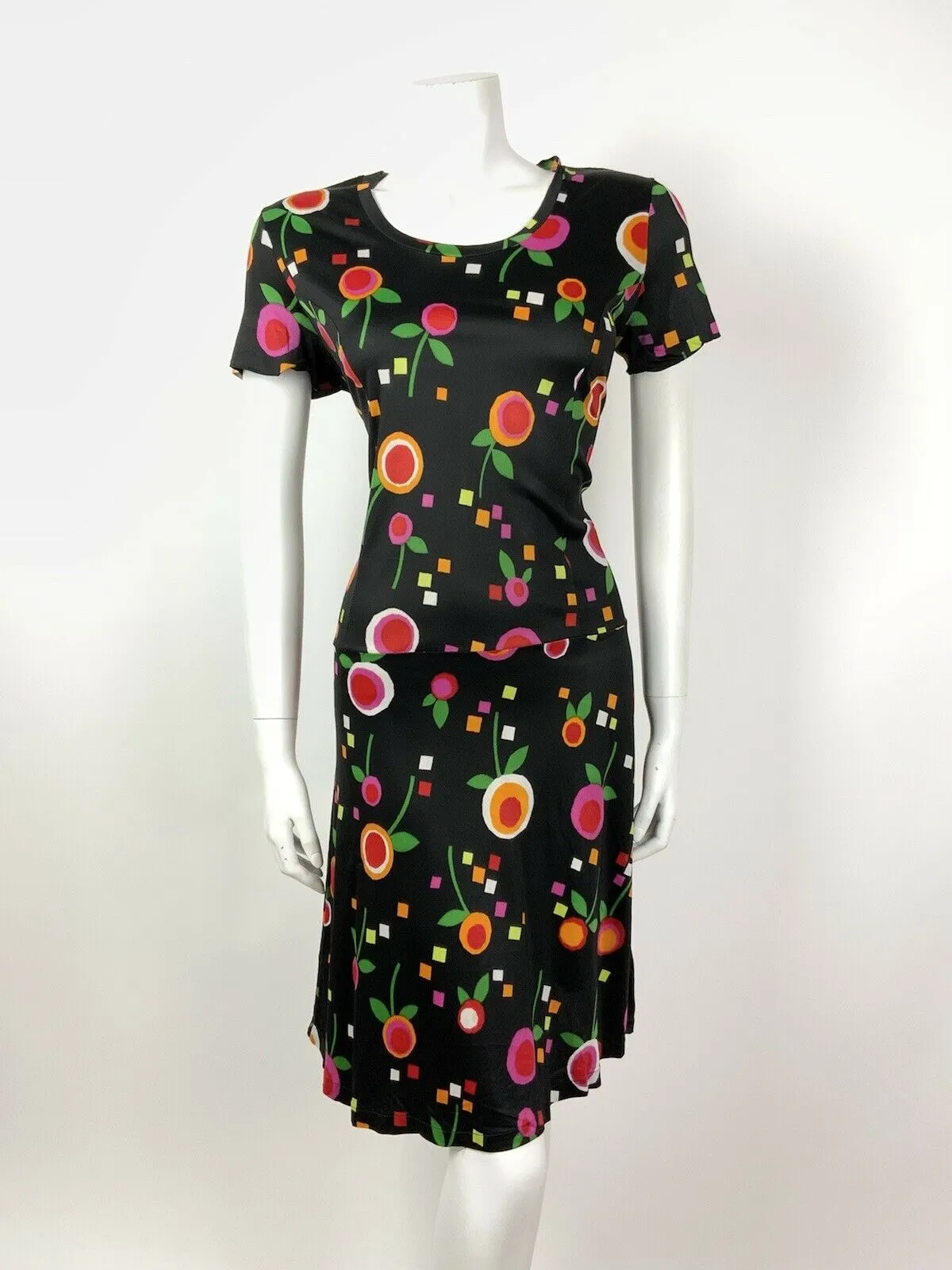 VINTAGE 60s 70s BLACK GREEN RED ORANGE PINK FLORAL SQUARE PSYCHEDELIC DRESS 12