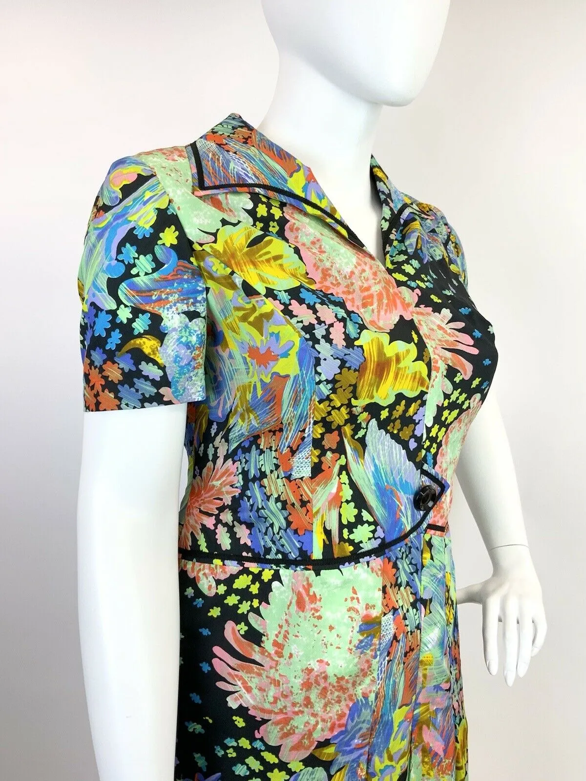 VINTAGE 60s 70s BLACK MULTICOLOURED PSYCHEDELIC ACID FLORAL LEAFY SHIRT DRESS 18