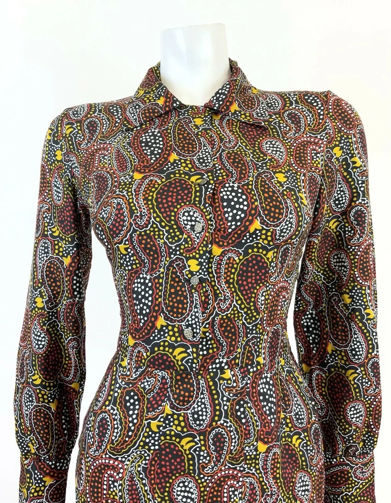 VINTAGE 60s 70s BLACK RED YELLOW WHITE PSYCHEDELIC PAISLEY DOTTY SHIRT DRESS 10