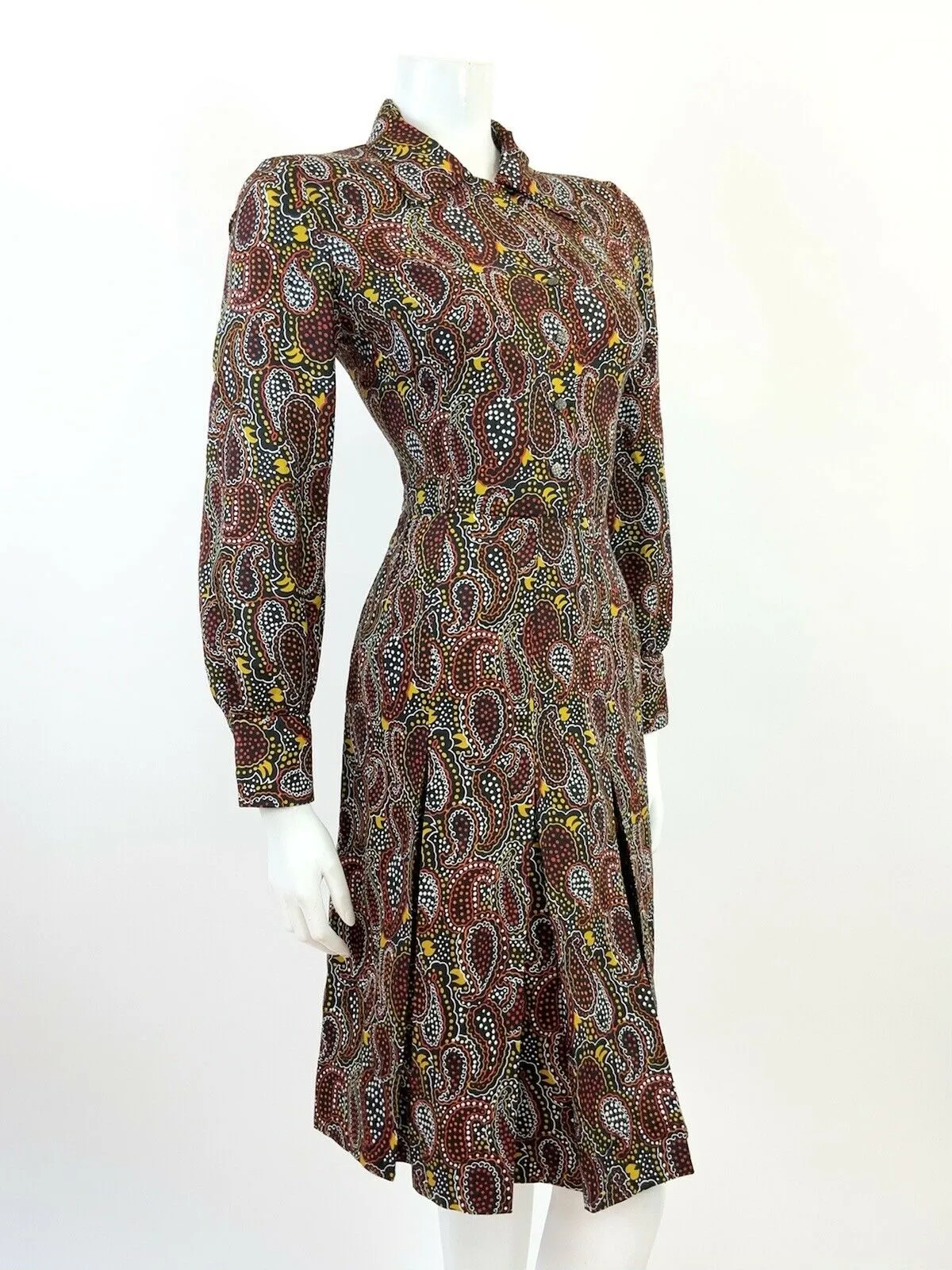 VINTAGE 60s 70s BLACK RED YELLOW WHITE PSYCHEDELIC PAISLEY DOTTY SHIRT DRESS 10