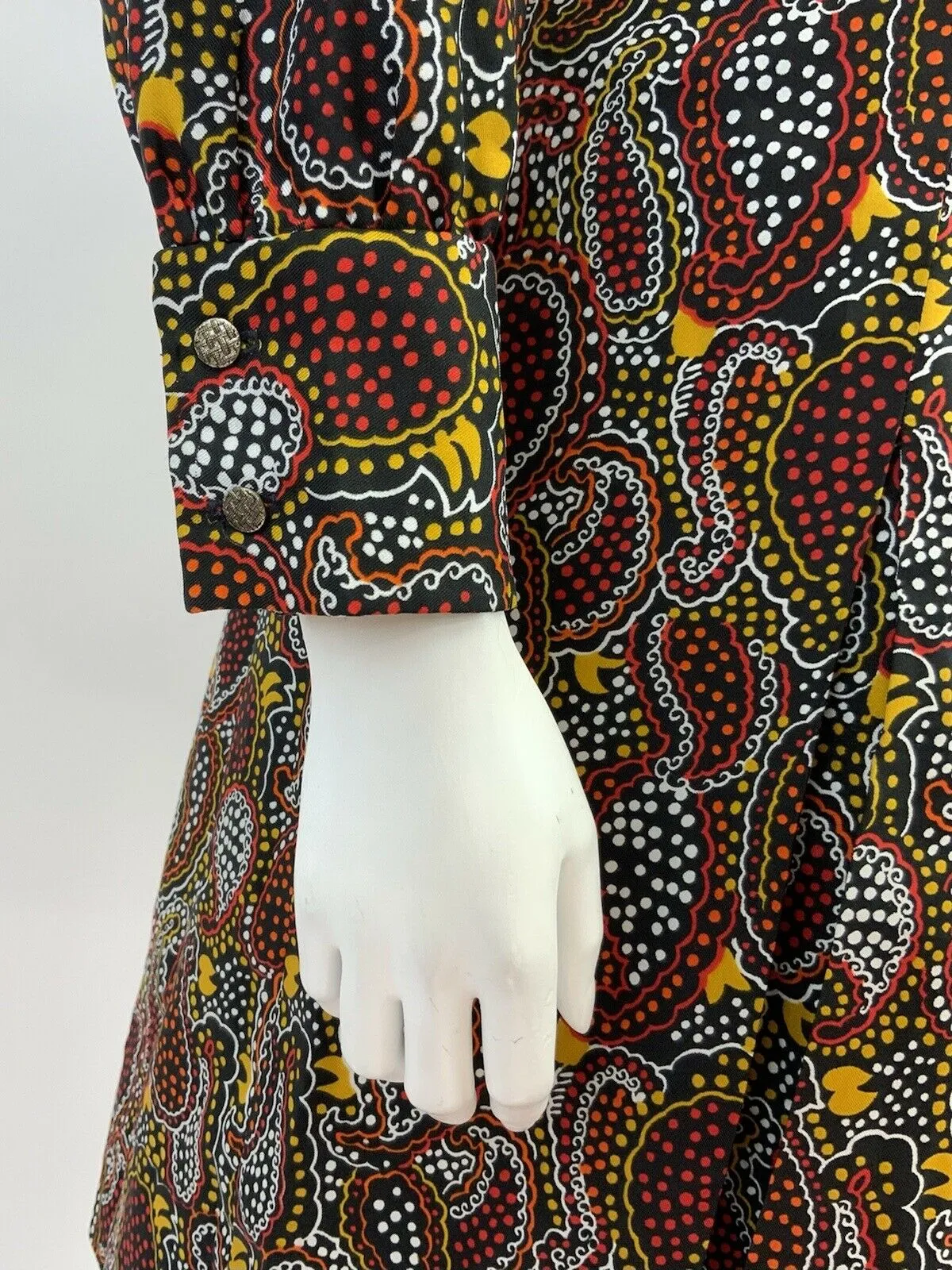 VINTAGE 60s 70s BLACK RED YELLOW WHITE PSYCHEDELIC PAISLEY DOTTY SHIRT DRESS 10