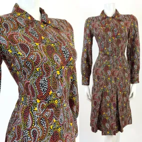VINTAGE 60s 70s BLACK RED YELLOW WHITE PSYCHEDELIC PAISLEY DOTTY SHIRT DRESS 10