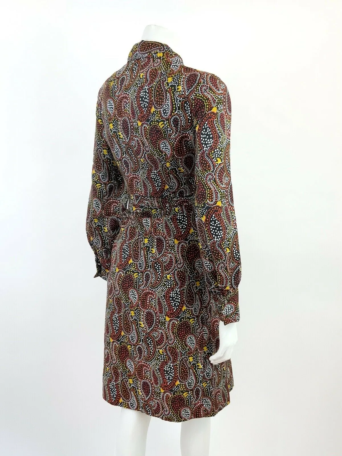 VINTAGE 60s 70s BLACK RED YELLOW WHITE PSYCHEDELIC PAISLEY DOTTY SHIRT DRESS 10