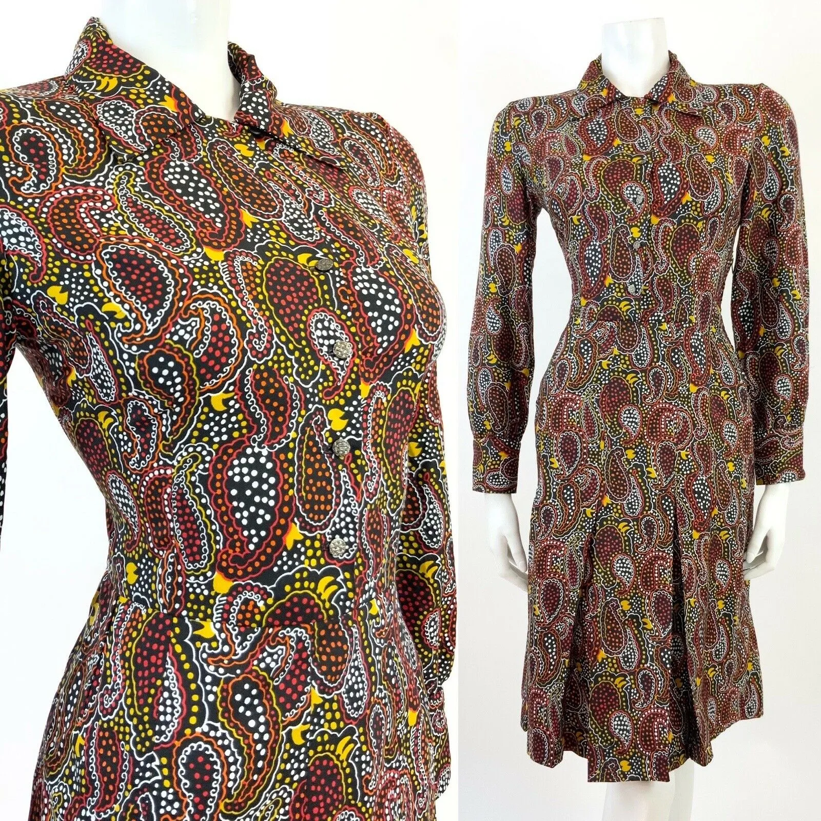 VINTAGE 60s 70s BLACK RED YELLOW WHITE PSYCHEDELIC PAISLEY DOTTY SHIRT DRESS 10