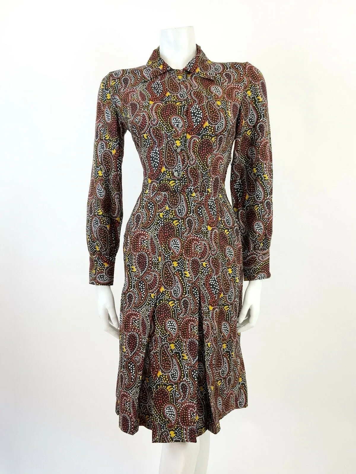 VINTAGE 60s 70s BLACK RED YELLOW WHITE PSYCHEDELIC PAISLEY DOTTY SHIRT DRESS 10
