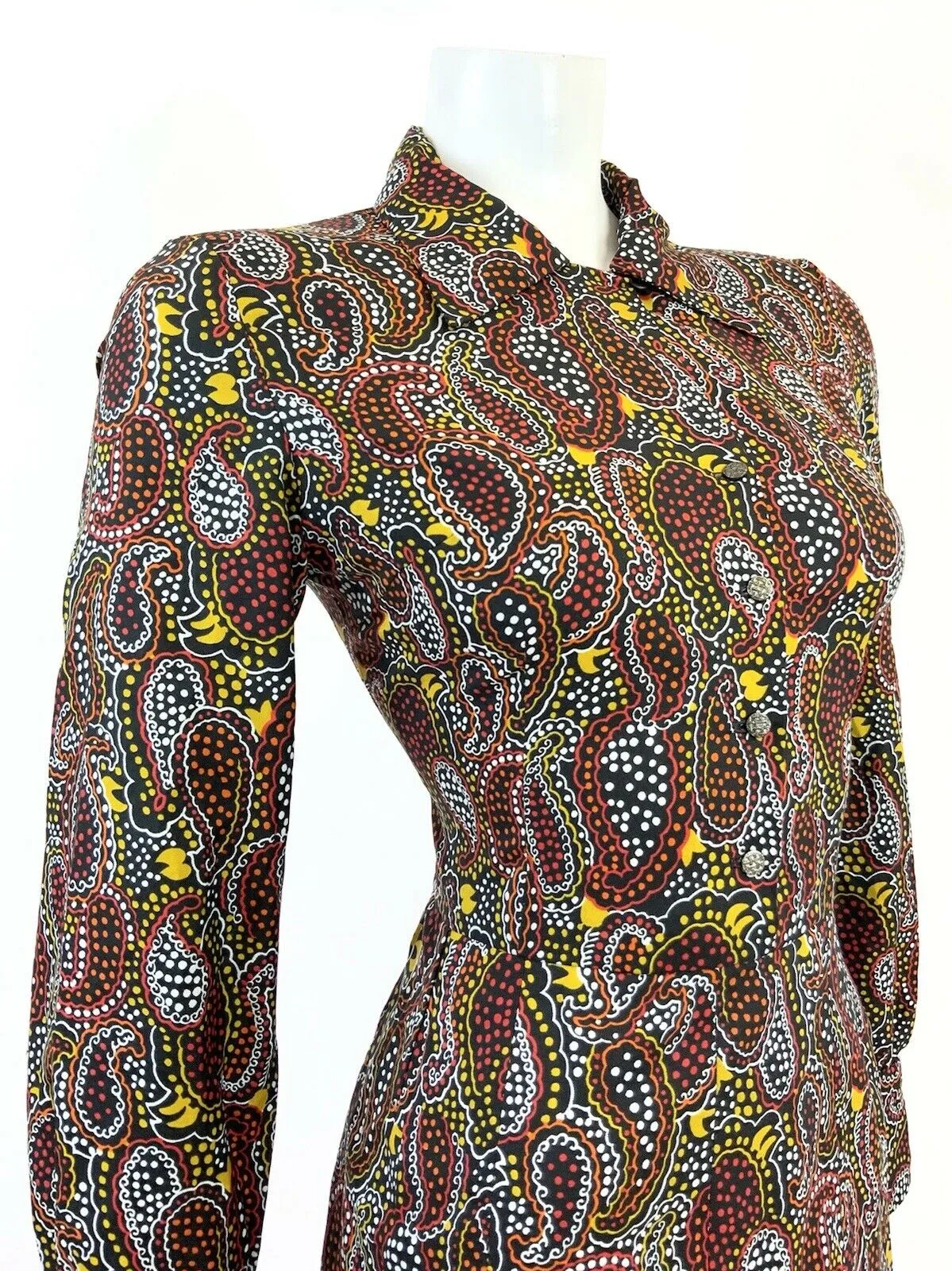 VINTAGE 60s 70s BLACK RED YELLOW WHITE PSYCHEDELIC PAISLEY DOTTY SHIRT DRESS 10