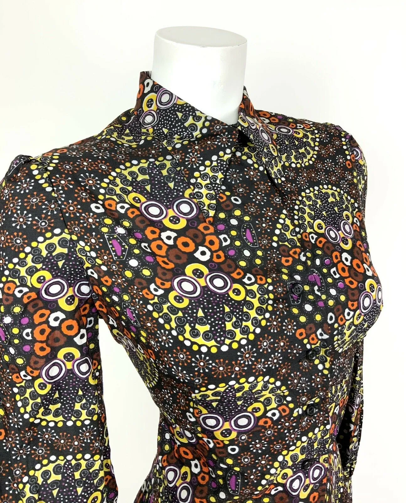 VINTAGE 60s 70s BLACK YELLOW ORANGE PURPLE PSYCHEDELIC DAGGER SHIRT DRESS 10 12