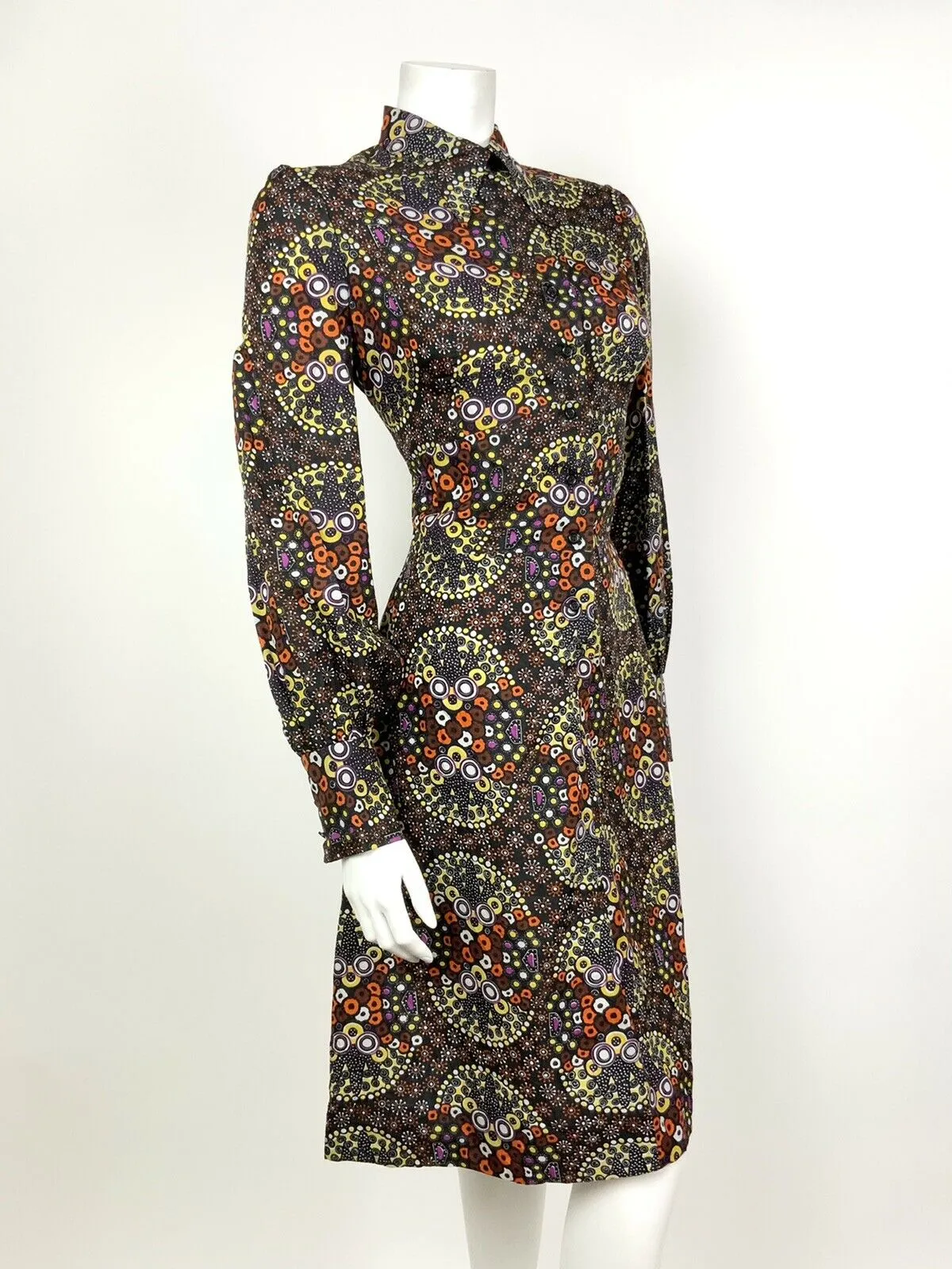 VINTAGE 60s 70s BLACK YELLOW ORANGE PURPLE PSYCHEDELIC DAGGER SHIRT DRESS 10 12