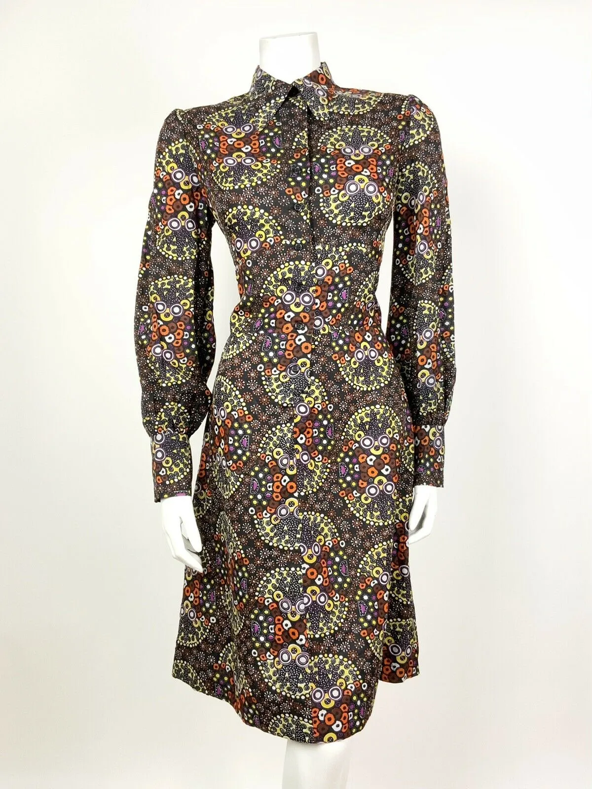 VINTAGE 60s 70s BLACK YELLOW ORANGE PURPLE PSYCHEDELIC DAGGER SHIRT DRESS 10 12