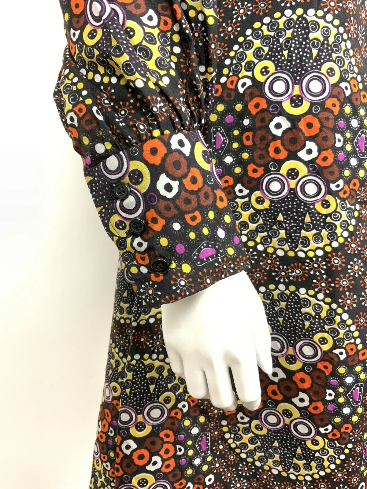 VINTAGE 60s 70s BLACK YELLOW ORANGE PURPLE PSYCHEDELIC DAGGER SHIRT DRESS 10 12