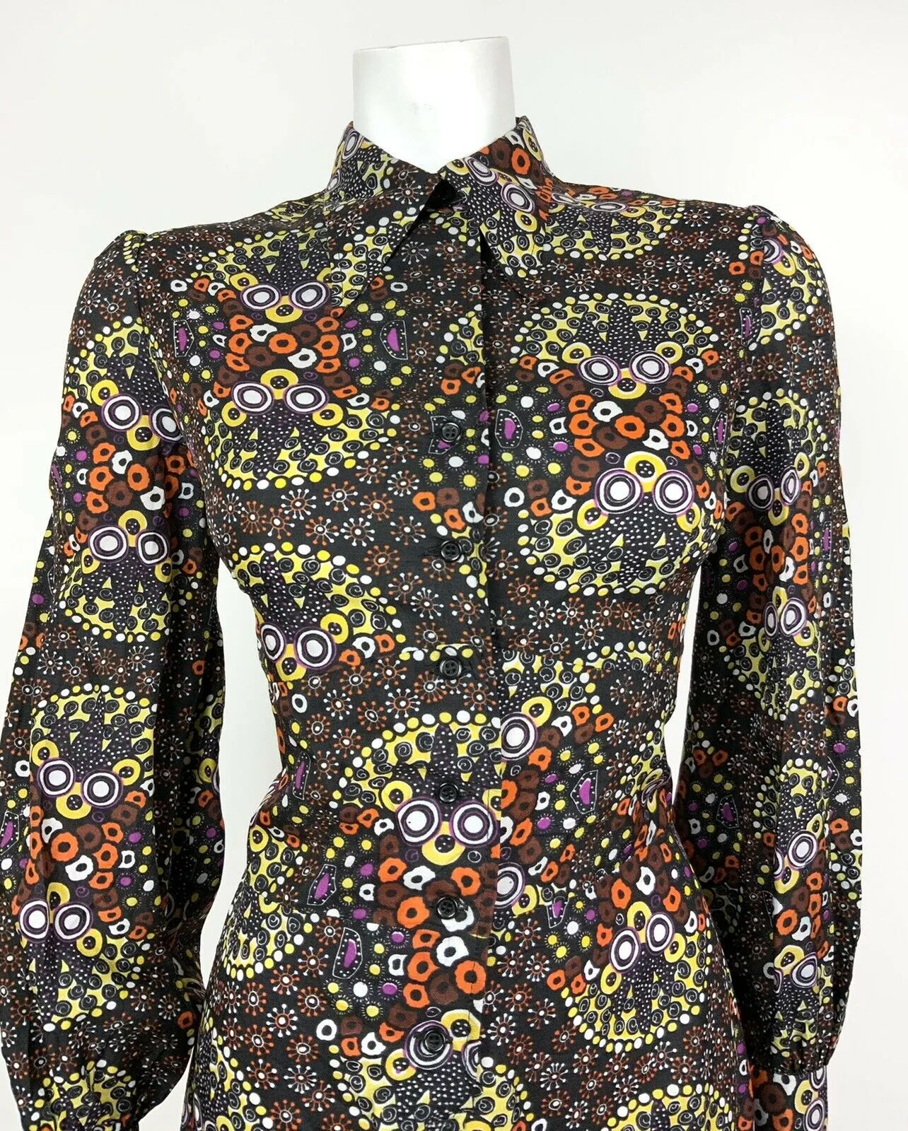 VINTAGE 60s 70s BLACK YELLOW ORANGE PURPLE PSYCHEDELIC DAGGER SHIRT DRESS 10 12