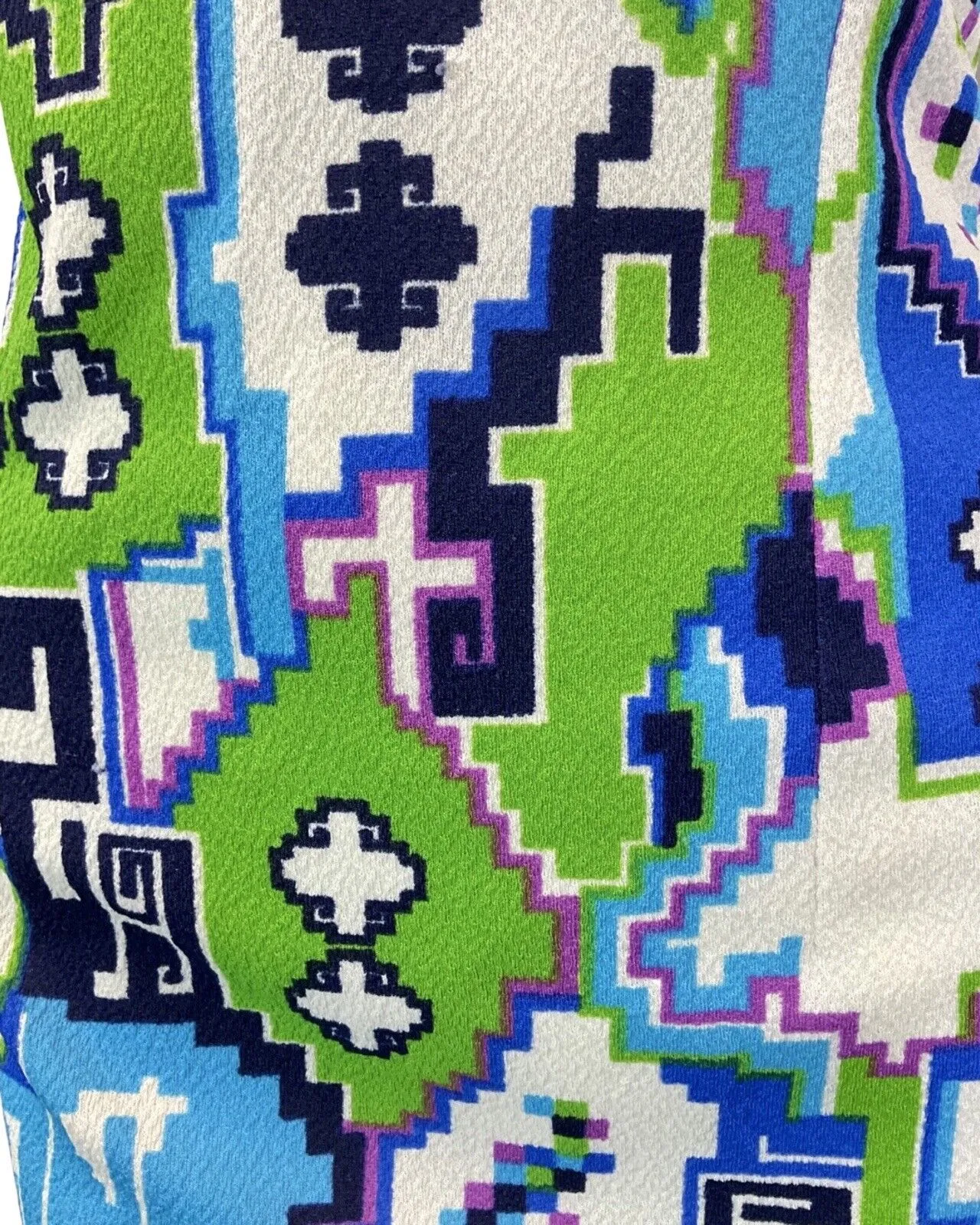 VINTAGE 60s 70s BLUE GREEN WHITE GEOMETRIC PSYCHEDELIC PIXEL MOD DRESS 14 16