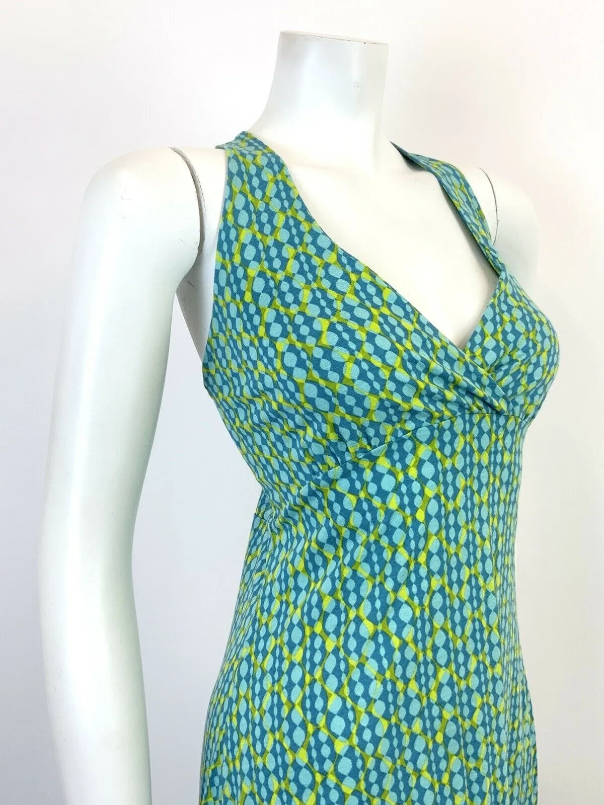 VINTAGE 60s 70s BLUE LIME GREEN OP-ART GEOMETRIC PSYCHEDELIC HALTER DRESS 10 12