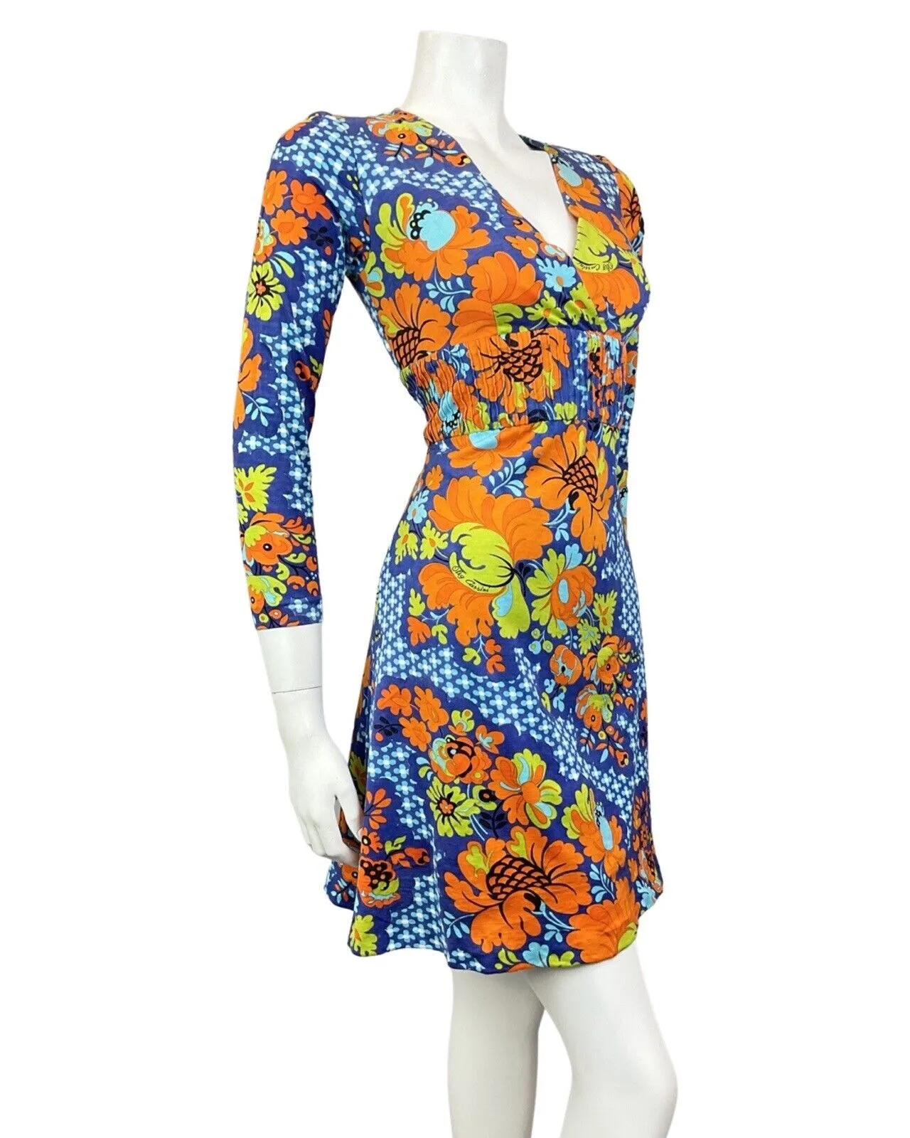 VINTAGE 60s 70s BLUE ORANGE GREEN FLORAL PSYCHEDELIC MINI SWING DRESS 8