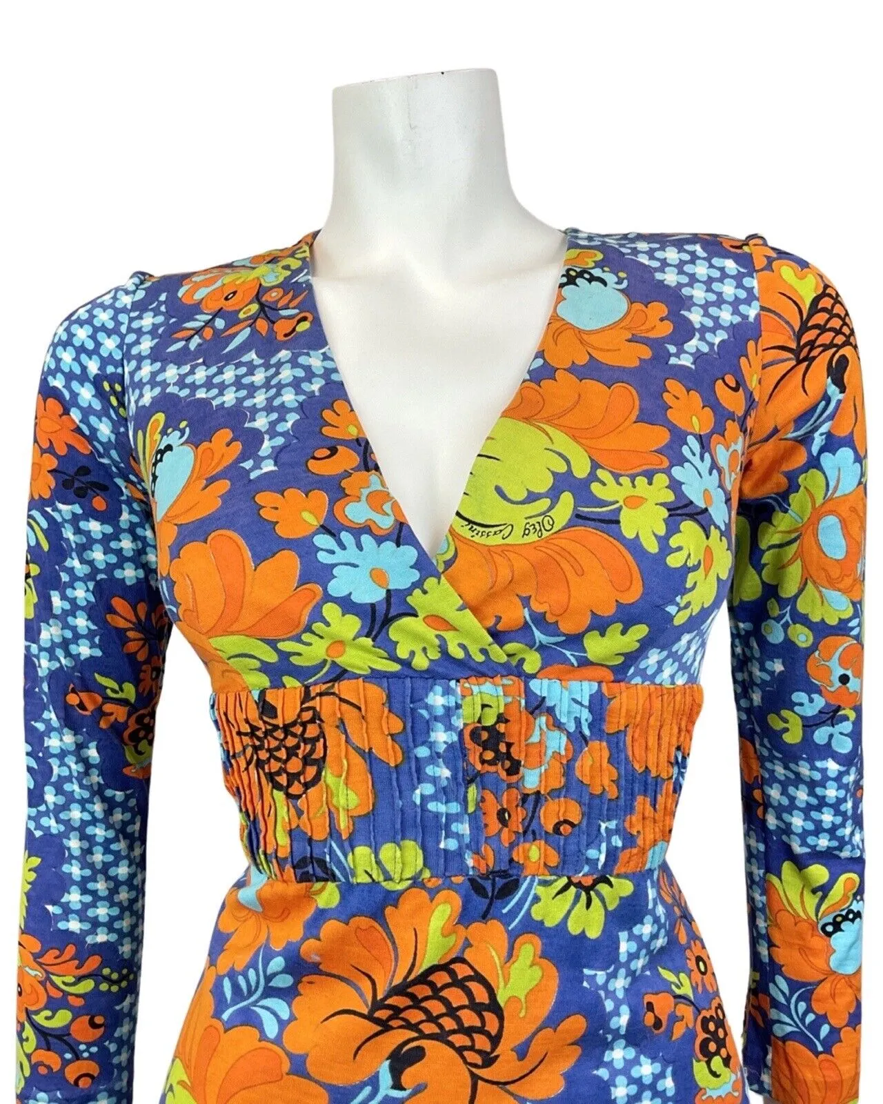 VINTAGE 60s 70s BLUE ORANGE GREEN FLORAL PSYCHEDELIC MINI SWING DRESS 8