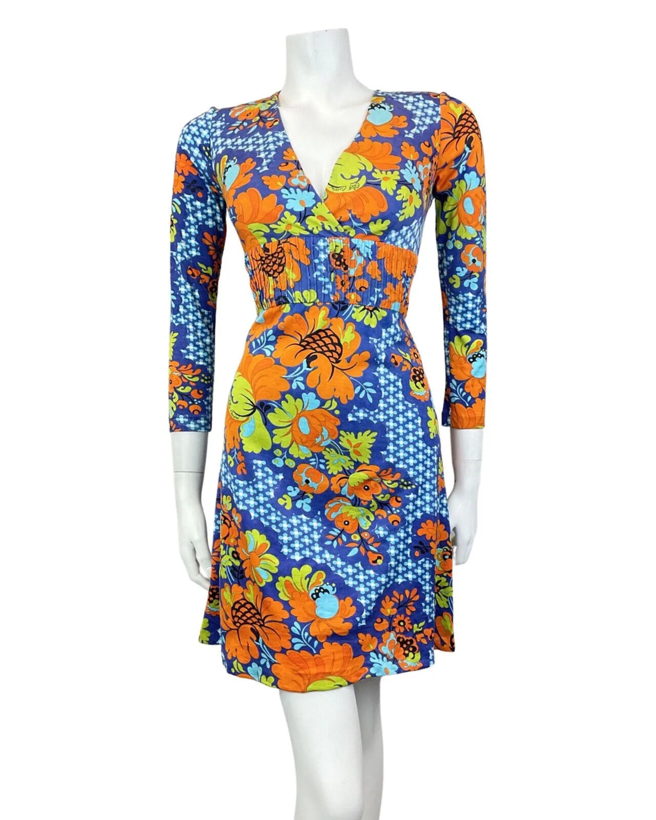 VINTAGE 60s 70s BLUE ORANGE GREEN FLORAL PSYCHEDELIC MINI SWING DRESS 8
