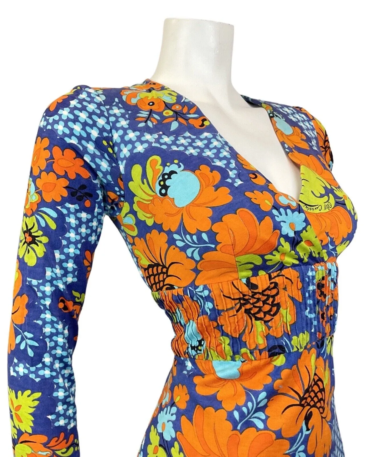 VINTAGE 60s 70s BLUE ORANGE GREEN FLORAL PSYCHEDELIC MINI SWING DRESS 8